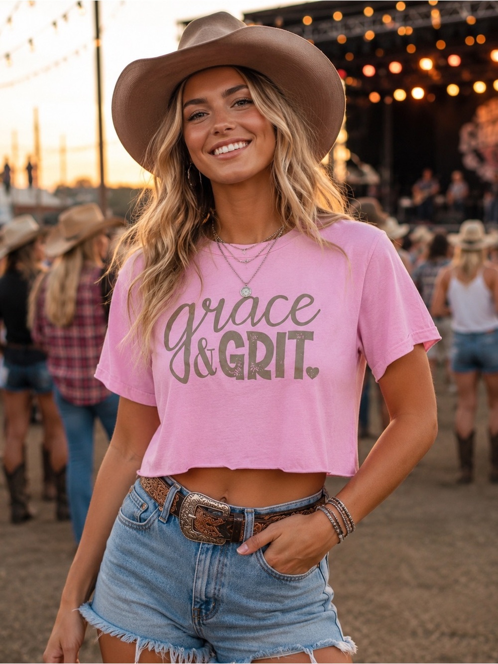 Lulu Mac Grace & Grit Pink Graphic Tee Size M Cropped Cut Off country girl